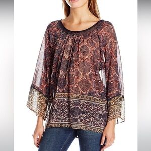Plenty By Tracy Reese Top Womens Medium Boho Peasant Sheer Indie Mesh Whimsy